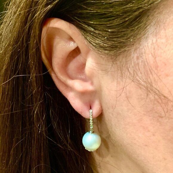 Diamond Large South Sea Pearl Earrings 14k Gold 13 mm Certified $4,950 915306 - Picture 1 of 9